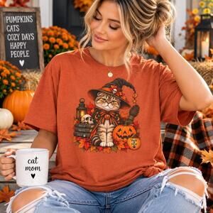 Halloween Witch Cat Tee Grumpy Scottish Fold, Autumn Pumpkins